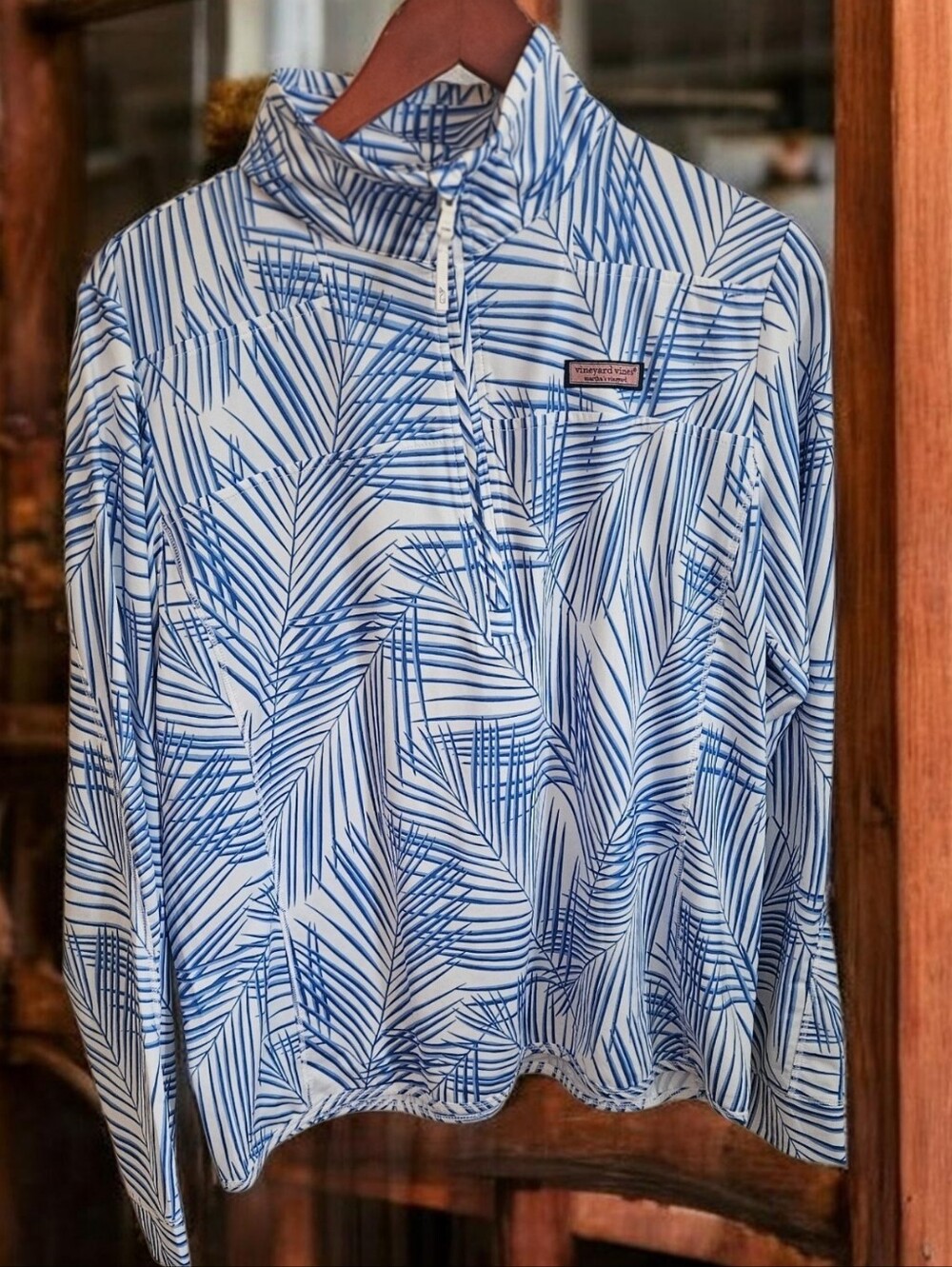 Vineyard Vines Blue and White Leaf-Print Quarter-Zip Pullover